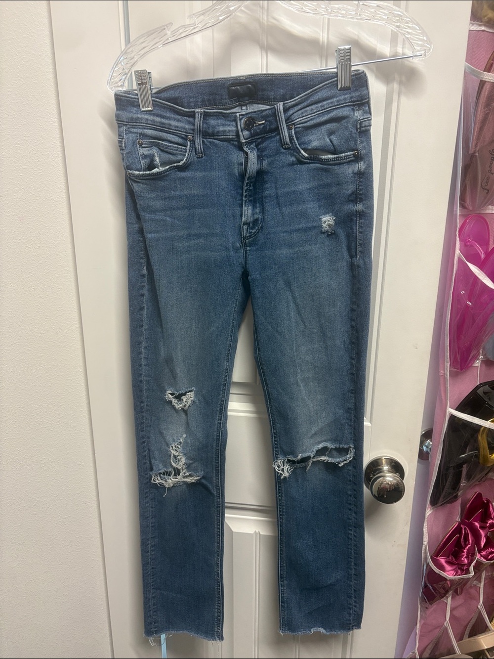 MOTHER Blue Distressed Ankle Skinny Jeans